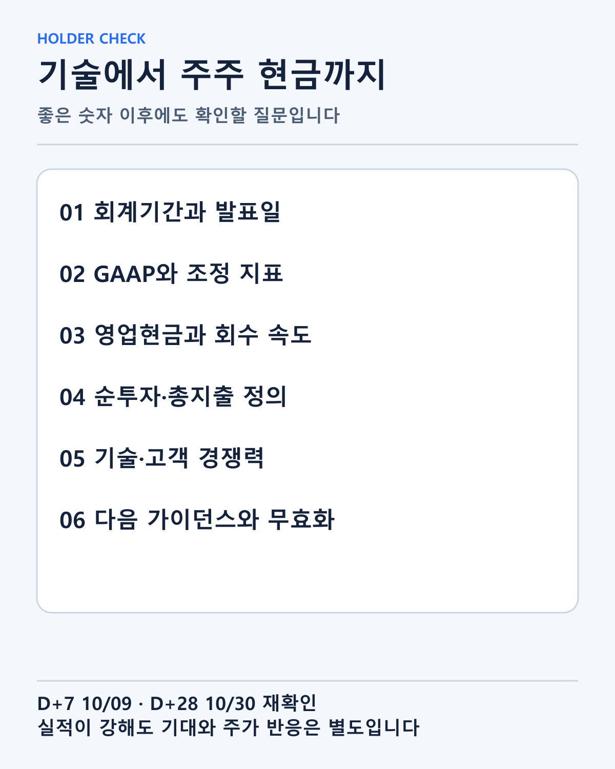 같은 기간·회계 기준으로 기술 경쟁력과 투자 뒤 현금 회수를 점검할 항목입니다.