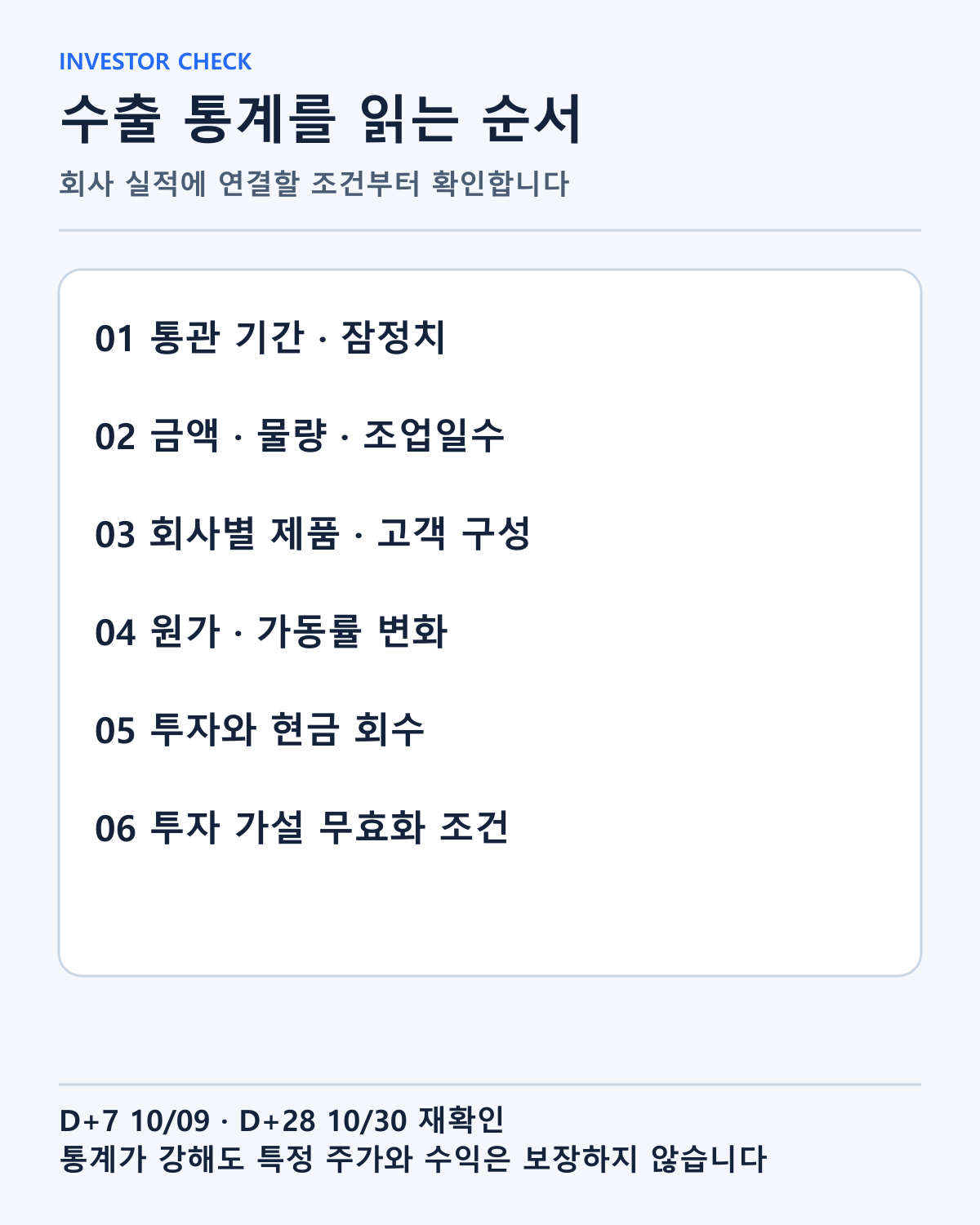 통계의 기간·단위·분모와 회사별 이익·현금을 확인하는 순서입니다.